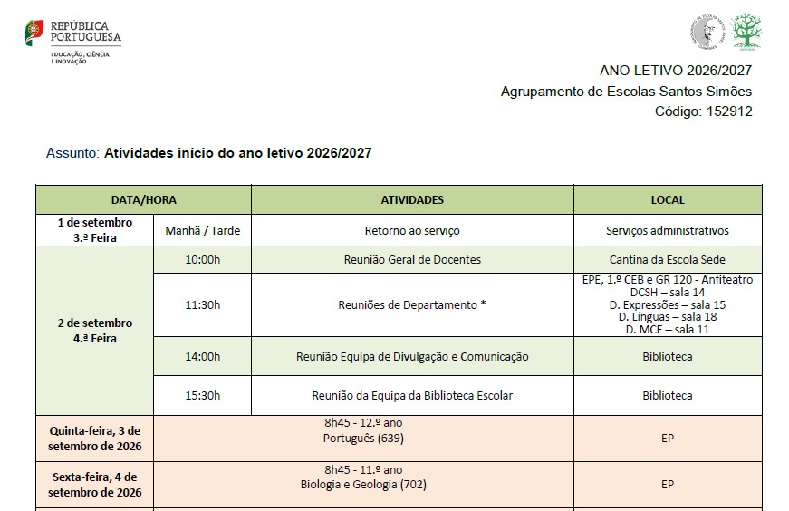Atividades Início Ano Letivo 2026/2027 – II